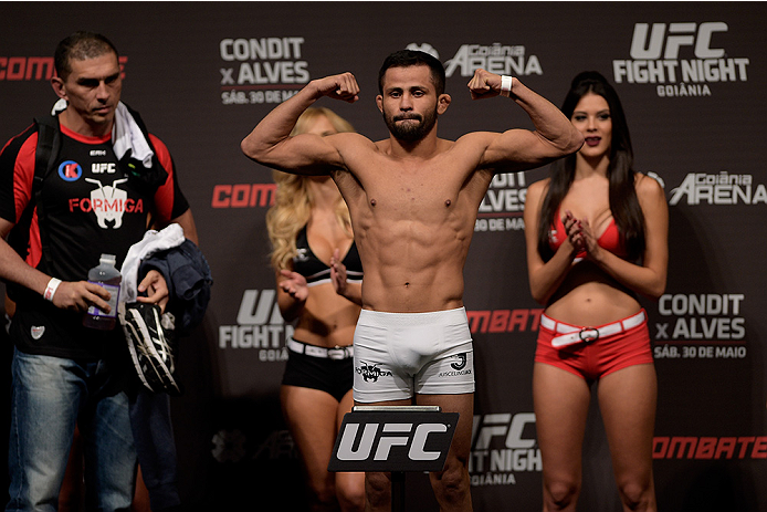 GOIANIA, BRAZIL - MAY 29: Flyweight fighter Jussier Formiga weighs in during the UFC Fight Night Weigh-ins at Goiania Arena on May 29, 2015 in Goiania, Brazil. (Photo by Buda Mendes/Zuffa LLC/Zuffa LLC via Getty Images)