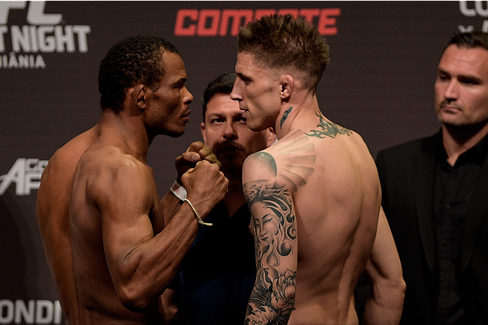 GOIANIA, BRAZIL - MAY 29: Lightweight fighters Francisco Massaranduba of Brazil (L) and Norman Parke of Northern Ireland face off during the UFC Fight Night Weigh-ins at Goiania Arena on May 29, 2015 in Goiania, Brazil. (Photo by Buda Mendes/Zuffa LLC/Zuf