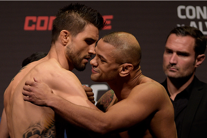 GOIANIA, BRAZIL - MAY 29: Welterweight fighters Carlos Condit (L) of the United States and Thiago Alves of Brazil face off during the UFC Fight Night Weigh-ins at Goiania Arena on May 29, 2015 in Goiania, Brazil. (Photo by Buda Mendes/Zuffa LLC/Zuffa LL