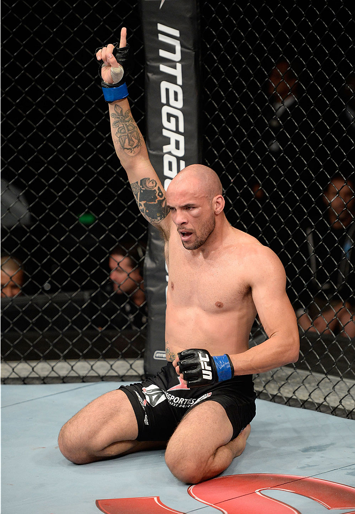 BARUERI, BRAZIL - OCTOBER 9: Igor Araujo celebrates after defeating Ildemar Alcantara (not pictured) in their welterweight bout during the UFC Fight Night event at the Ginasio Jose Correa on October 9, 2013 in Barueri, Sao Paulo, Brazil. (Photo by Jeff B
