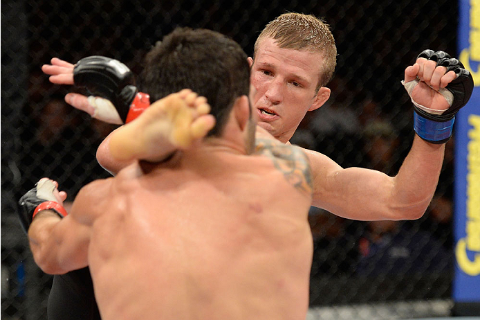 BARUERI, BRAZIL - OCTOBER 9: (R-L) TJ Dillashaw kicks Rafael Assuncao in their bantamweight bout during the UFC Fight Night event at the Ginasio Jose Correa on October 9, 2013 in Barueri, Sao Paulo, Brazil. (Photo by Jeff Bottari/Zuffa LLC/Zuffa LLC via