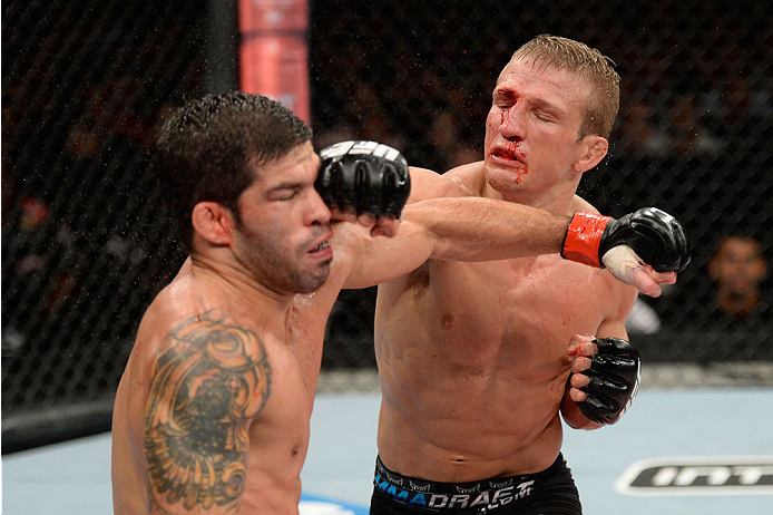 BARUERI, BRAZIL - OCTOBER 9: (R-L) TJ Dillashaw punches Rafael Assuncao in their bantamweight bout during the UFC Fight Night event at the Ginasio Jose Correa on October 9, 2013 in Barueri, Sao Paulo, Brazil. (Photo by Jeff Bottari/Zuffa LLC/Zuffa LLC vi