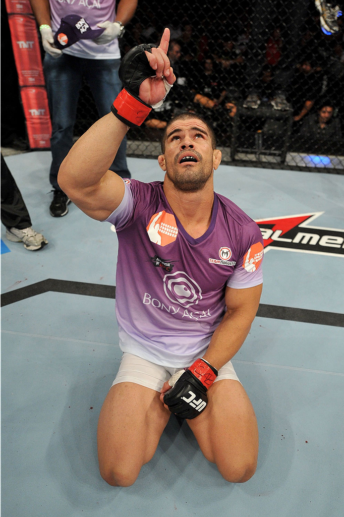 BARUERI, BRAZIL - OCTOBER 9: Rousimar Palhares celebrates after defeating Mike Pierce (not pictured) in their welterweight bout during the UFC Fight Night event at the Ginasio Jose Correa on October 9, 2013 in Barueri, Sao Paulo, Brazil. (Photo by Jeff B