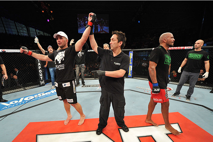 BARUERI, BRAZIL - OCTOBER 9: (L-R) Fabio Maldonado celebrates after defeating Joey Beltran in their light heavyweight bout during the UFC Fight Night event at the Ginasio Jose Correa on October 9, 2013 in Barueri, Sao Paulo, Brazil. (Photo by Jeff Bottar