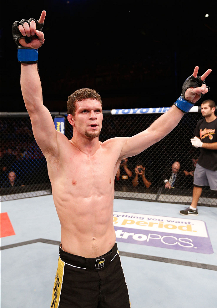 GOIANIA, BRAZIL - NOVEMBER 09: Dustin Ortiz reacts after defeating Jose Maria in their flyweight bout during the UFC event at Arena Goiania on November 9, 2013 in Goiania, Brazil. (Photo by Josh Hedges/Zuffa LLC/Zuffa LLC via Getty Images)