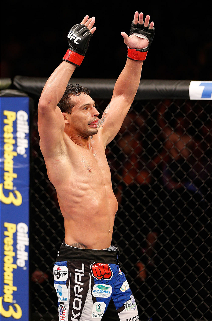 GOIANIA, BRAZIL - NOVEMBER 09: Adriano Martins reacts after his submission victory over Daron Cruickshank in their lightweight bout during the UFC event at Arena Goiania on November 9, 2013 in Goiania, Brazil. (Photo by Josh Hedges/Zuffa LLC/Zuffa LLC via