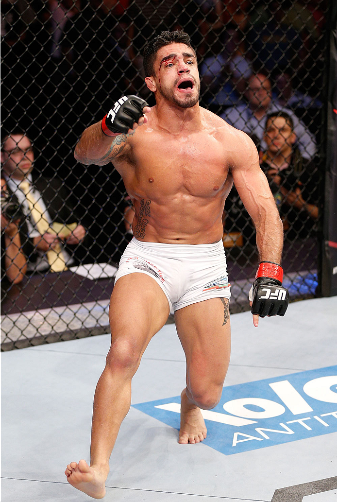 GOIANIA, BRAZIL - NOVEMBER 09: Thiago Tavares reacts after his submission victory over Justin Salas in their lightweight bout during the UFC event at Arena Goiania on November 9, 2013 in Goiania, Brazil. (Photo by Josh Hedges/Zuffa LLC/Zuffa LLC via Getty