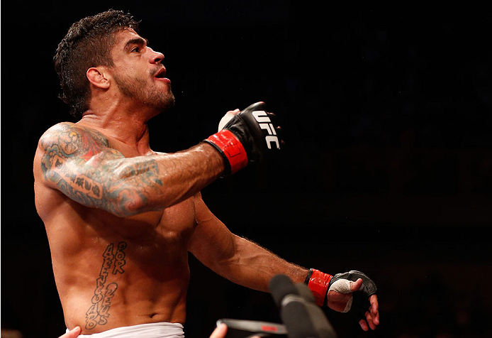 GOIANIA, BRAZIL - NOVEMBER 09: Thiago Tavares reacts after his submission victory over Justin Salas in their lightweight bout during the UFC event at Arena Goiania on November 9, 2013 in Goiania, Brazil. (Photo by Josh Hedges/Zuffa LLC/Zuffa LLC via Getty