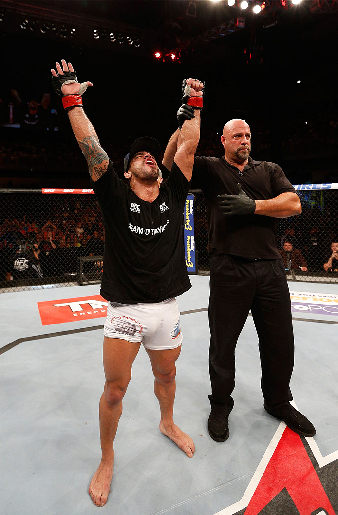 GOIANIA, BRAZIL - NOVEMBER 09: Thiago Tavares reacts after his submission victory over Justin Salas in their lightweight bout during the UFC event at Arena Goiania on November 9, 2013 in Goiania, Brazil. (Photo by Josh Hedges/Zuffa LLC/Zuffa LLC via Getty