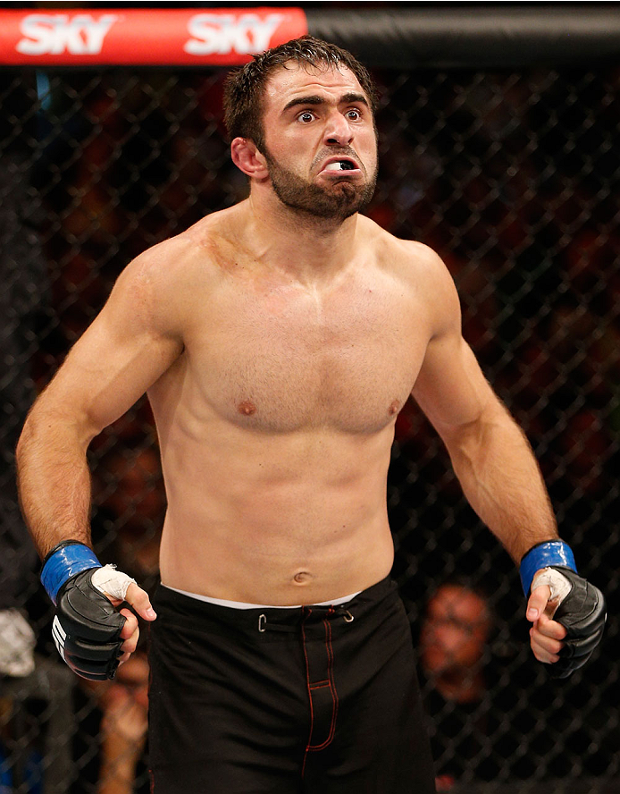 GOIANIA, BRAZIL - NOVEMBER 09: Omari Akhmedov reacts after his knockout victory over Thiago Perpetuo in their middleweight bout during the UFC event at Arena Goiania on November 9, 2013 in Goiania, Brazil. (Photo by Josh Hedges/Zuffa LLC/Zuffa LLC via Get