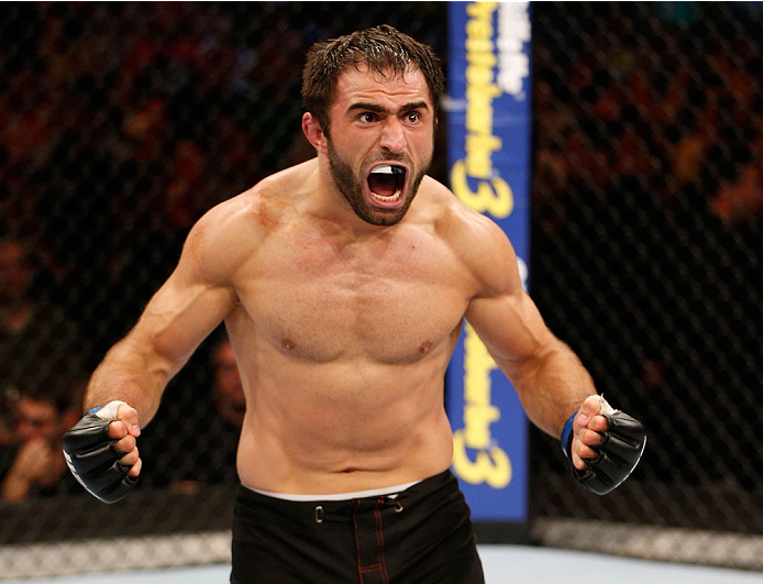 GOIANIA, BRAZIL - NOVEMBER 09: Omari Akhmedov reacts after his knockout victory over Thiago Perpetuo in their middleweight bout during the UFC event at Arena Goiania on November 9, 2013 in Goiania, Brazil. (Photo by Josh Hedges/Zuffa LLC/Zuffa LLC via Get