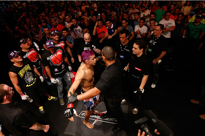 GOIANIA, BRAZIL - NOVEMBER 09: Godofredo ''Pepey'' Castro prepares to enter the Octagon before his featherweight bout against Sam Sicilia during the UFC event at Arena Goiania on November 9, 2013 in Goiania, Brazil. (Photo by Josh Hedges/Zuffa LLC/Zuffa L
