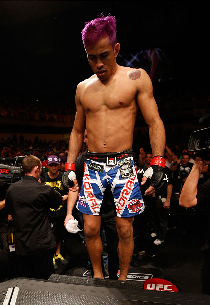 GOIANIA, BRAZIL - NOVEMBER 09: Godofredo ''Pepey'' Castro prepares to enter the Octagon before his featherweight bout against Sam Sicilia during the UFC event at Arena Goiania on November 9, 2013 in Goiania, Brazil. (Photo by Josh Hedges/Zuffa LLC/Zuffa L