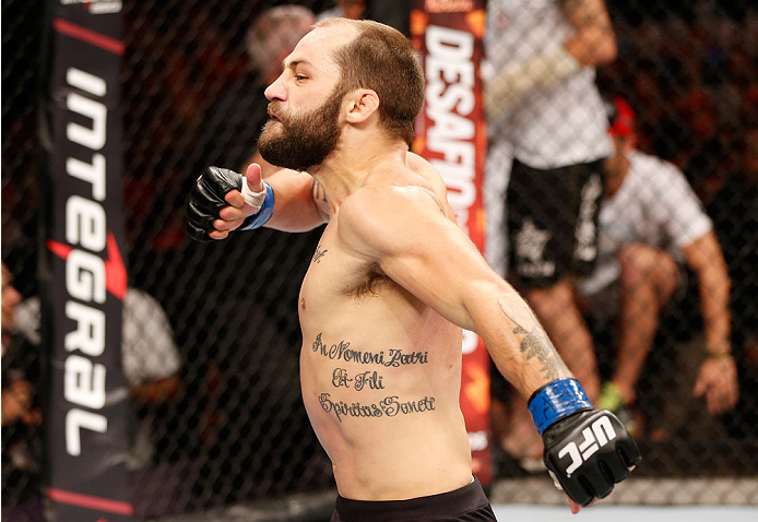 GOIANIA, BRAZIL - NOVEMBER 09: Sam Sicilia reacts after knocking out Godofredo ''Pepey'' Castro in their featherweight bout during the UFC event at Arena Goiania on November 9, 2013 in Goiania, Brazil. (Photo by Josh Hedges/Zuffa LLC/Zuffa LLC via Getty I