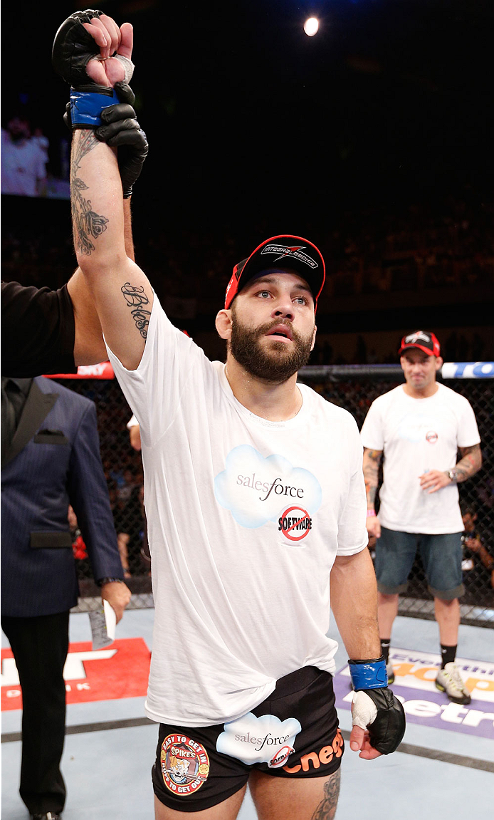 GOIANIA, BRAZIL - NOVEMBER 09: Sam Sicilia reacts after knocking out Godofredo ''Pepey'' Castro in their featherweight bout during the UFC event at Arena Goiania on November 9, 2013 in Goiania, Brazil. (Photo by Josh Hedges/Zuffa LLC/Zuffa LLC via Getty I