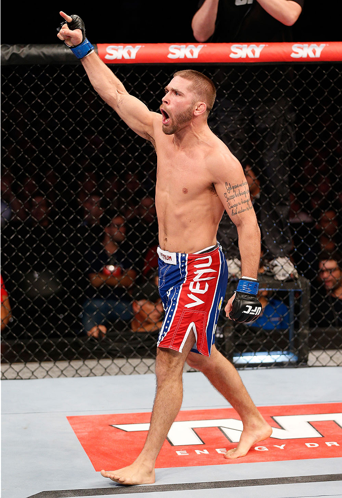 GOIANIA, BRAZIL - NOVEMBER 09: Jeremy Stephens reacts after his knockout victory over Rony ''Jason'' Mariano Bezerra in their featherweight bout during the UFC event at Arena Goiania on November 9, 2013 in Goiania, Brazil. (Photo by Josh Hedges/Zuffa LLC/
