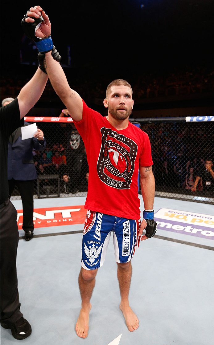 GOIANIA, BRAZIL - NOVEMBER 09: Jeremy Stephens reacts after his knockout victory over Rony ''Jason'' Mariano Bezerra in their featherweight bout during the UFC event at Arena Goiania on November 9, 2013 in Goiania, Brazil. (Photo by Josh Hedges/Zuffa LLC/