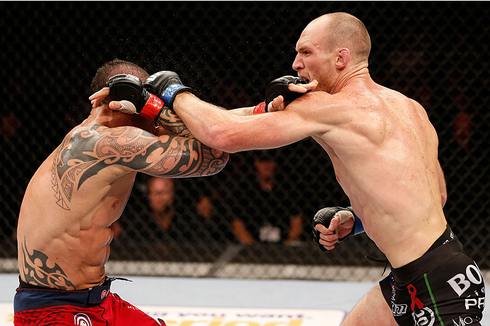 GOIANIA, BRAZIL - NOVEMBER 09: (R-L) Ryan LaFlare punches Santiago Ponzinibbio in their welterweight bout during the UFC event at Arena Goiania on November 9, 2013 in Goiania, Brazil. (Photo by Josh Hedges/Zuffa LLC/Zuffa LLC via Getty Images)