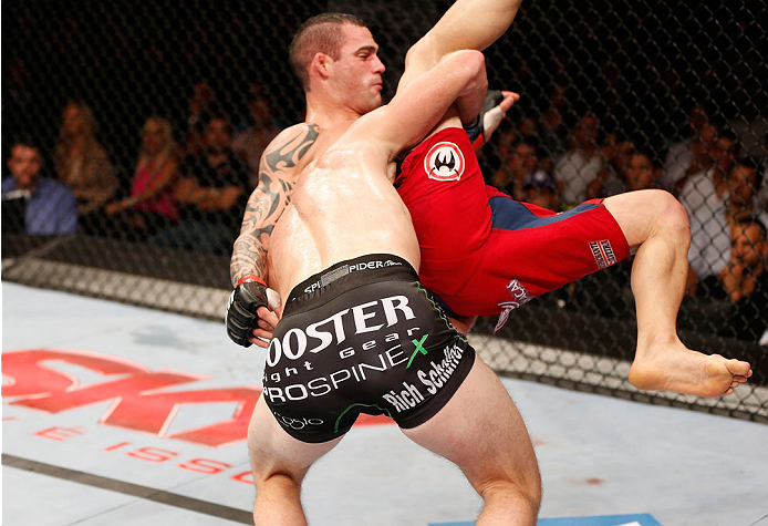 GOIANIA, BRAZIL - NOVEMBER 09: (L-R) Ryan LaFlare takes down Santiago Ponzinibbio in their welterweight bout during the UFC event at Arena Goiania on November 9, 2013 in Goiania, Brazil. (Photo by Josh Hedges/Zuffa LLC/Zuffa LLC via Getty Images)