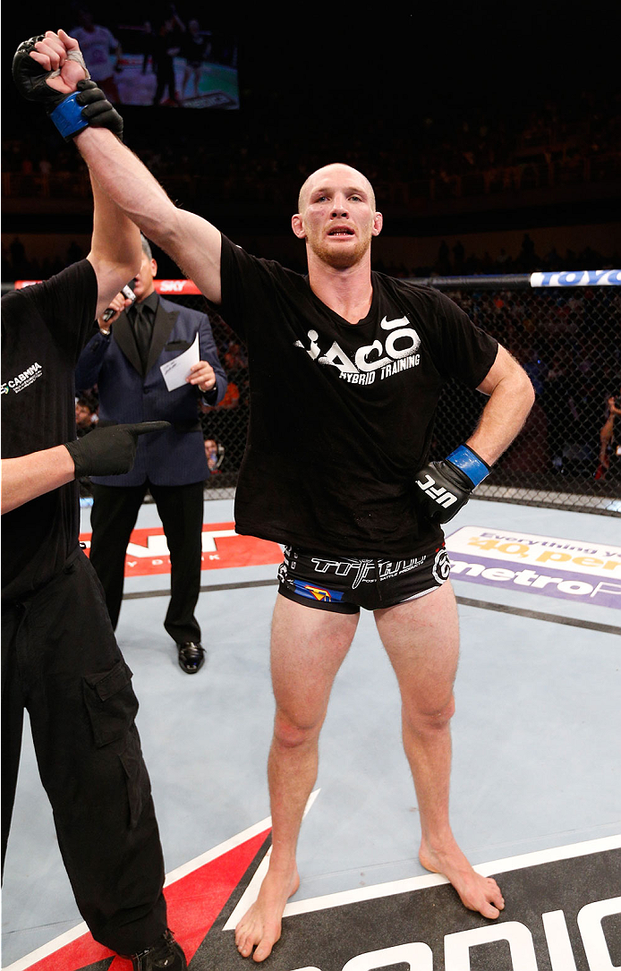 GOIANIA, BRAZIL - NOVEMBER 09: Ryan LaFlare reacts after his decision victory over Santiago Ponzinibbio in their welterweight bout during the UFC event at Arena Goiania on November 9, 2013 in Goiania, Brazil. (Photo by Josh Hedges/Zuffa LLC/Zuffa LLC via