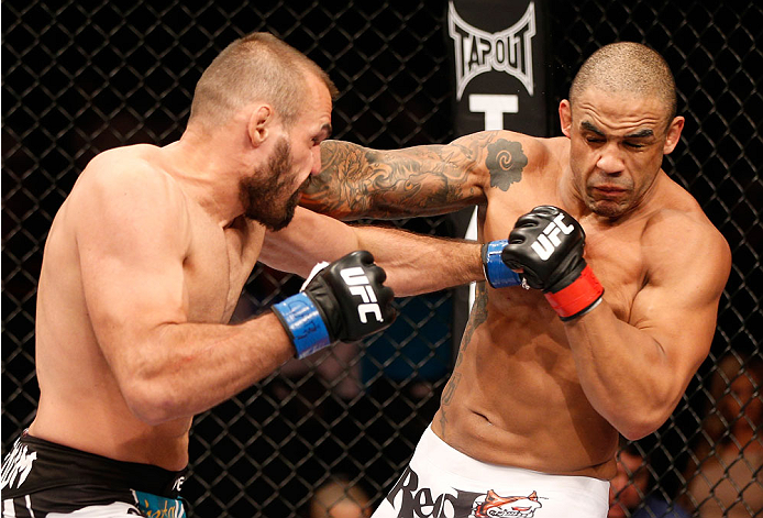 GOIANIA, BRAZIL - NOVEMBER 09: (L-R) Igor Pokrajac and Rafael ''Fejao'' Cavalcante trade punches in their light heavyweight bout during the UFC event at Arena Goiania on November 9, 2013 in Goiania, Brazil. (Photo by Josh Hedges/Zuffa LLC/Zuffa LLC via Ge