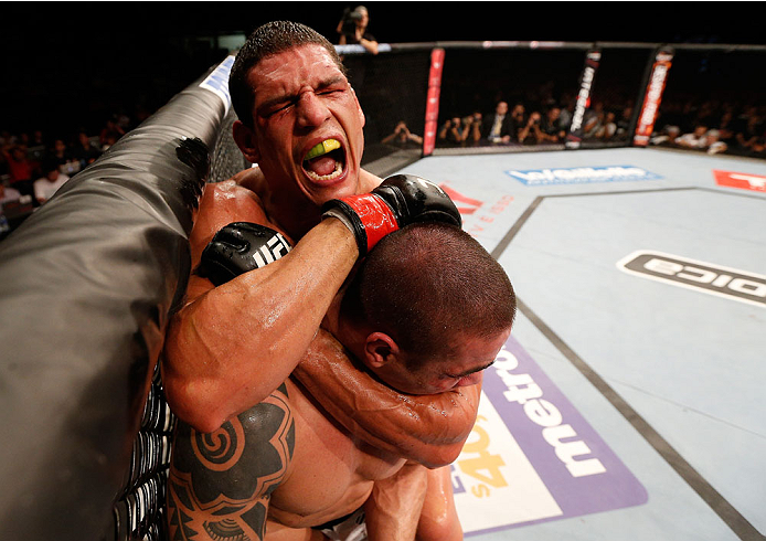GOIANIA, BRAZIL - NOVEMBER 09: (L-R) Cezar ''Mutante'' Ferreira attempts a rear choke against Daniel Sarafian in their middleweight bout during the UFC event at Arena Goiania on November 9, 2013 in Goiania, Brazil. (Photo by Josh Hedges/Zuffa LLC/Zuffa LL