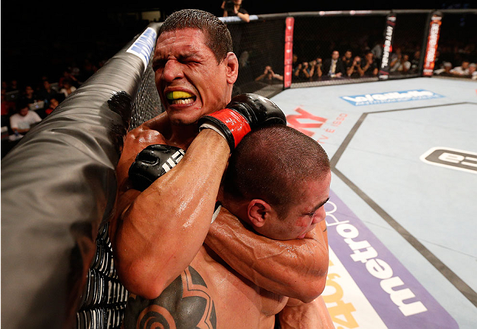 GOIANIA, BRAZIL - NOVEMBER 09: (L-R) Cezar ''Mutante'' Ferreira attempts a rear choke against Daniel Sarafian in their middleweight bout during the UFC event at Arena Goiania on November 9, 2013 in Goiania, Brazil. (Photo by Josh Hedges/Zuffa LLC/Zuffa LL