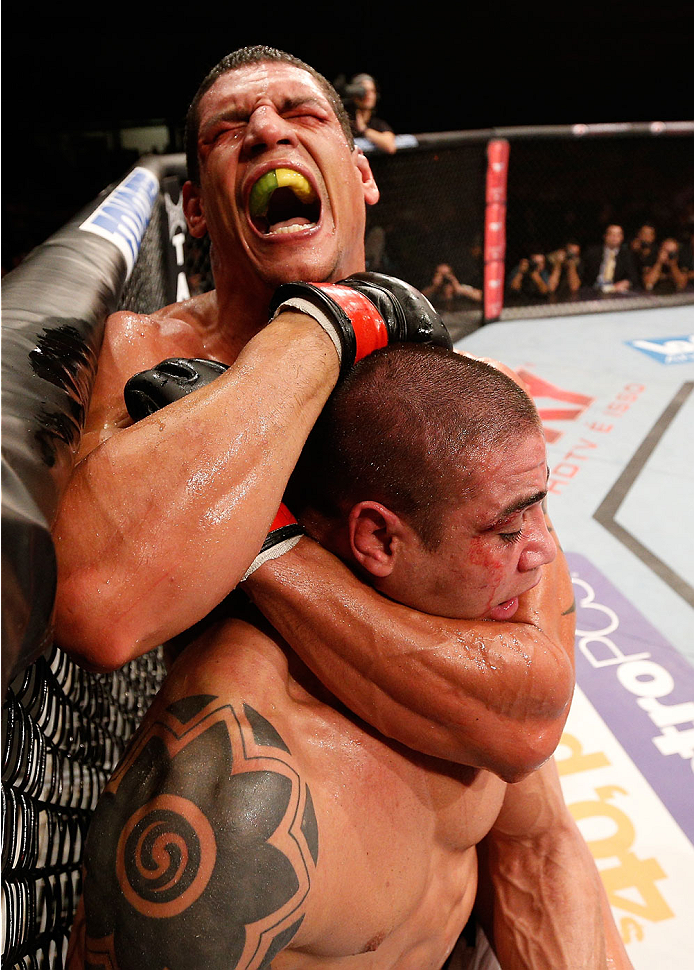 GOIANIA, BRAZIL - NOVEMBER 09: (L-R) Cezar ''Mutante'' Ferreira attempts a rear choke against Daniel Sarafian in their middleweight bout during the UFC event at Arena Goiania on November 9, 2013 in Goiania, Brazil. (Photo by Josh Hedges/Zuffa LLC/Zuffa LL
