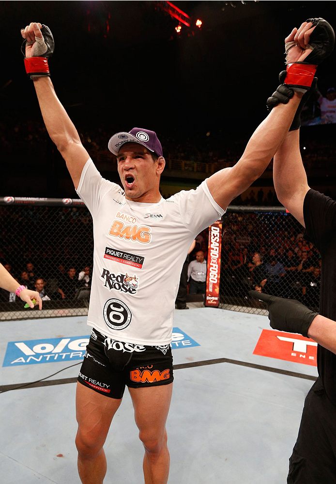 GOIANIA, BRAZIL - NOVEMBER 09: Cezar ''Mutante'' Ferreira reacts after his split decision victory over Daniel Sarafian in their middleweight bout during the UFC event at Arena Goiania on November 9, 2013 in Goiania, Brazil. (Photo by Josh Hedges/Zuffa LLC