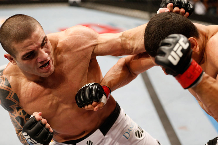 GOIANIA, BRAZIL - NOVEMBER 09: (L-R) Daniel Sarafian punches Cezar "Mutante" Ferreira in their middleweight bout during the UFC event at Arena Goiania on November 9, 2013 in Goiania, Brazil. (Photo by Josh Hedges/Zuffa LLC/Zuffa LLC via Getty Images)