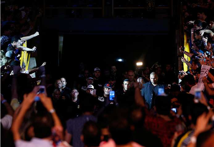 GOIANIA, BRAZIL - NOVEMBER 09: Dan Henderson enters the arena before his light heavyweight bout against Vitor Belfort during the UFC event at Arena Goiania on November 9, 2013 in Goiania, Brazil. (Photo by Josh Hedges/Zuffa LLC/Zuffa LLC via Getty Images)