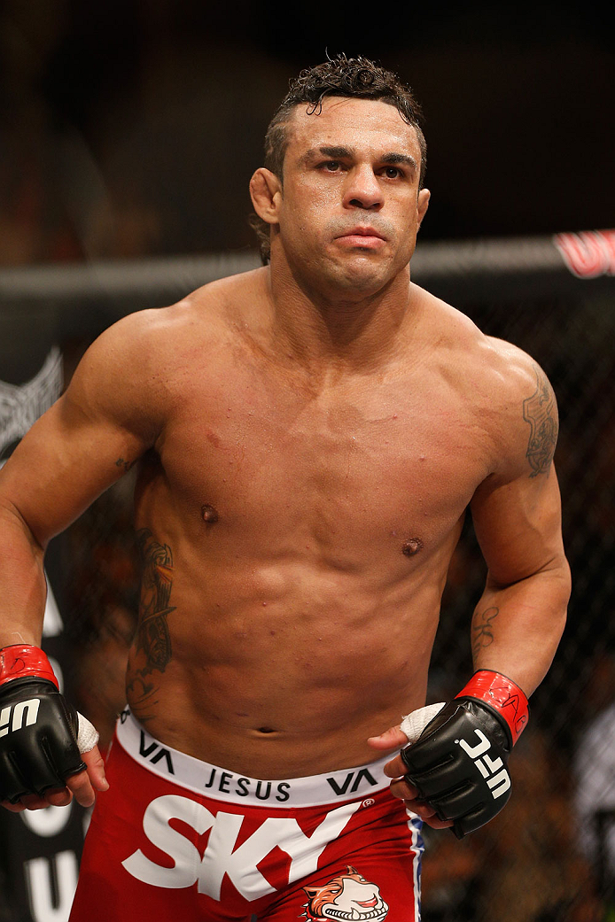 GOIANIA, BRAZIL - NOVEMBER 09: Vitor Belfort enters the Octagon before his light heavyweight bout against Dan Henderson during the UFC event at Arena Goiania on November 9, 2013 in Goiania, Brazil. (Photo by Josh Hedges/Zuffa LLC/Zuffa LLC via Getty Imag