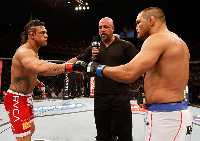 GOIANIA, BRAZIL - NOVEMBER 09: Opponents Vitor Belfort (L) and Dan Henderson (R) face off before their light heavyweight bout during the UFC event at Arena Goiania on November 9, 2013 in Goiania, Brazil. (Photo by Josh Hedges/Zuffa LLC/Zuffa LLC via Gett