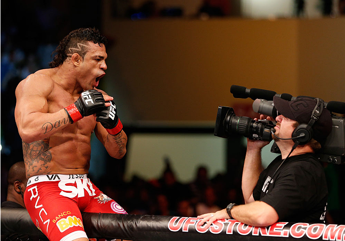 GOIANIA, BRAZIL - NOVEMBER 09: Vitor Belfort reacts after knocking out Dan Henderson in their light heavyweight bout during the UFC event at Arena Goiania on November 9, 2013 in Goiania, Brazil. (Photo by Josh Hedges/Zuffa LLC/Zuffa LLC via Getty Images)