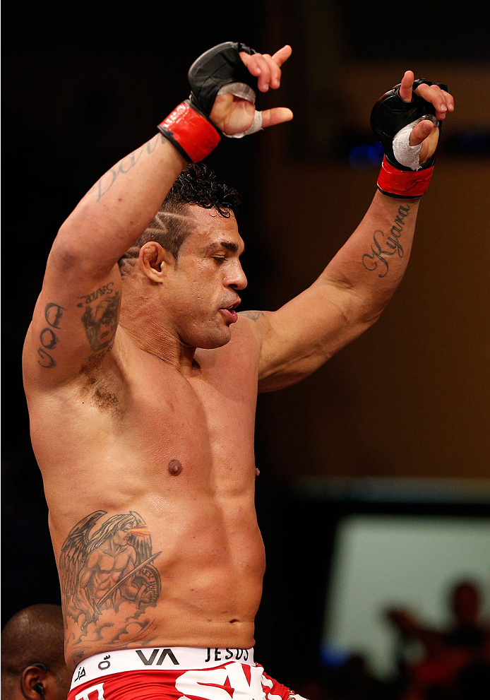 GOIANIA, BRAZIL - NOVEMBER 09: Vitor Belfort reacts after knocking out Dan Henderson in their light heavyweight bout during the UFC event at Arena Goiania on November 9, 2013 in Goiania, Brazil. (Photo by Josh Hedges/Zuffa LLC/Zuffa LLC via Getty Images)