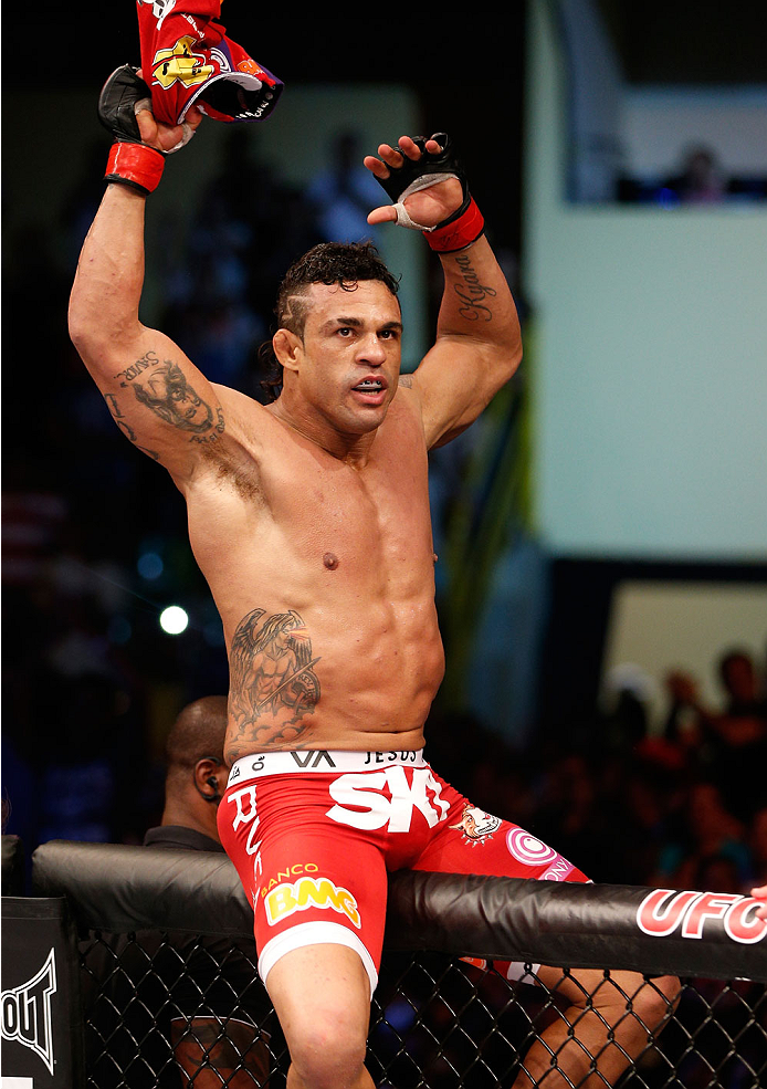 GOIANIA, BRAZIL - NOVEMBER 09: Vitor Belfort reacts after knocking out Dan Henderson in their light heavyweight bout during the UFC event at Arena Goiania on November 9, 2013 in Goiania, Brazil. (Photo by Josh Hedges/Zuffa LLC/Zuffa LLC via Getty Images)