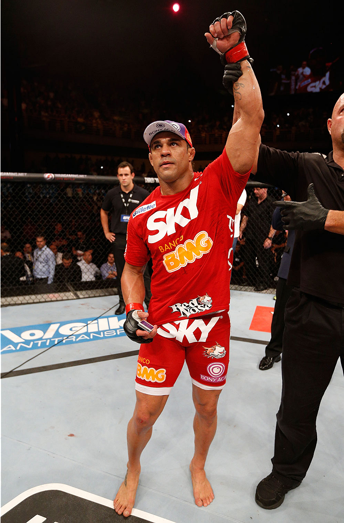 GOIANIA, BRAZIL - NOVEMBER 09: Vitor Belfort reacts after knocking out Dan Henderson in their light heavyweight bout during the UFC event at Arena Goiania on November 9, 2013 in Goiania, Brazil. (Photo by Josh Hedges/Zuffa LLC/Zuffa LLC via Getty Images)