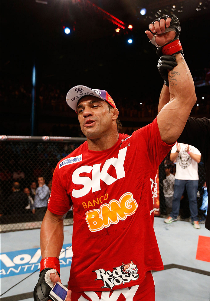 GOIANIA, BRAZIL - NOVEMBER 09: Vitor Belfort reacts after knocking out Dan Henderson in their light heavyweight bout during the UFC event at Arena Goiania on November 9, 2013 in Goiania, Brazil. (Photo by Josh Hedges/Zuffa LLC/Zuffa LLC via Getty Images)