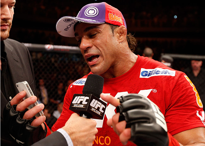 GOIANIA, BRAZIL - NOVEMBER 09: Vitor Belfort is interviewed after knocking out Dan Henderson in their light heavyweight bout during the UFC event at Arena Goiania on November 9, 2013 in Goiania, Brazil. (Photo by Josh Hedges/Zuffa LLC/Zuffa LLC via Getty