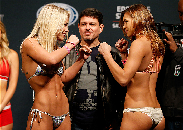 AUSTIN, TX - NOVEMBER 21: (L-R) Opponents Paige VanZant and Kailin Curran face off during the UFC weigh-in at The Frank Erwin Center on November 21, 2014 in Austin, Texas. (Photo by Josh Hedges/Zuffa LLC/Zuffa LLC via Getty Images)