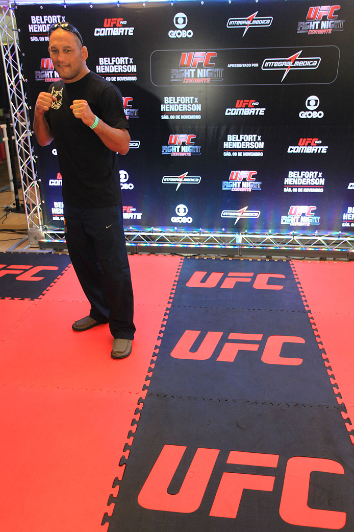 GOIANIA, BRAZIL - NOVEMBER 7: Dan Henderson attends the UFC Fight Night open workout at Buena Vista Shopping on November 7, 2013 in Goiania, Brazil. (Photo by Weimer Carvalho/Zuffa LLC/Zuffa LLC via Getty Images)