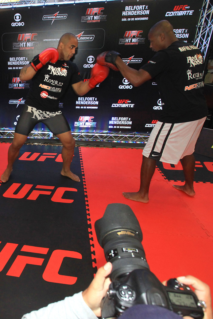 GOIANIA, BRAZIL - NOVEMBER 7: Rafael "Feijao" Cavalcante attends the UFC Fight Night open workout at Buena Vista Shopping on November 7, 2013 in Goiania, Brazil. (Photo by Weimer Carvalho/Zuffa LLC/Zuffa LLC via Getty Images)