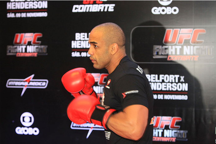 GOIANIA, BRAZIL - NOVEMBER 7: Rafael "Feijao" Cavalcante attends the UFC Fight Night open workout at Buena Vista Shopping on November 7, 2013 in Goiania, Brazil. (Photo by Weimer Carvalho/Zuffa LLC/Zuffa LLC via Getty Images)