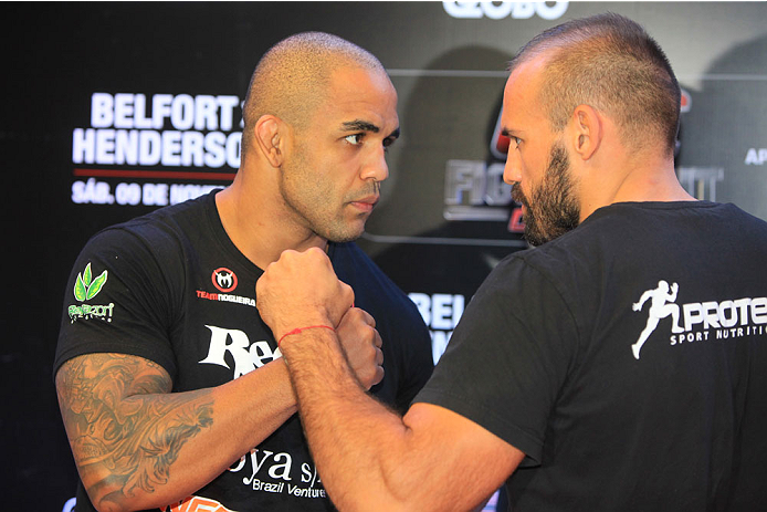 GOIANIA, BRAZIL - NOVEMBER 7: (L-R) Opponents Rafael 'Feijao"Cavalcante and Igor Pokrajac face off during UFC Fight Night open workout at Buena Vista Shopping on November 7, 2013 in Goiania, Brazil. (Photo by Weimer Carvalho/Zuffa LLC/Zuffa LLC via Getty