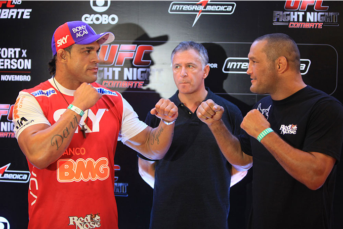 GOIANIA, BRAZIL - NOVEMBER 7: (L-R) Opponents Vitor Belfort and Dan Henderson face off during UFC Fight Night open workout at Buena Vista Shopping on November 7, 2013 in Goiania, Brazil. (Photo by Weimer Carvalho/Zuffa LLC/Zuffa LLC via Getty Images)