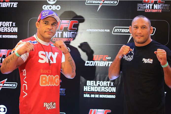 GOIANIA, BRAZIL - NOVEMBER 7: (L-R) Opponents Vitor Belfort and Dan Henderson face off during UFC Fight Night open workout at Buena Vista Shopping on November 7, 2013 in Goiania, Brazil. (Photo by Weimer Carvalho/Zuffa LLC/Zuffa LLC via Getty Images)