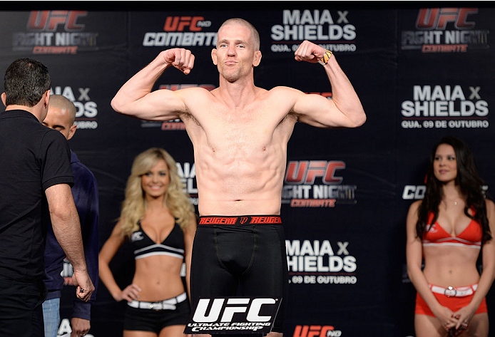 BARUERI, BRAZIL - OCTOBER 8: Garett Whiteley weighs-in during the UFC Fight Night: Maia v Shields weigh-in at the Ginasio Jose Correa on October 8, 2013 in Barueri, Sao Paulo, Brazil. (Photo by Jeff Bottari/Zuffa LLC/Zuffa LLC via Getty Images)