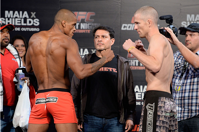 BARUERI, BRAZIL - OCTOBER 8: (L-R) Alan Patrick and Garett Whiteley face off during the UFC Fight Night: Maia v Shields weigh-in at the Ginasio Jose Correa on October 8, 2013 in Barueri, Sao Paulo, Brazil. (Photo by Jeff Bottari/Zuffa LLC/Zuffa LLC via G