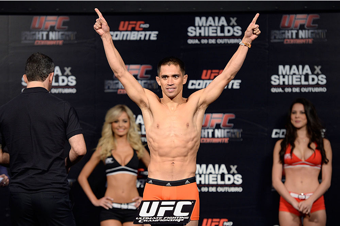 BARUERI, BRAZIL - OCTOBER 8: Chris Cariaso weighs-in during the UFC Fight Night: Maia v Shields weigh-in at the Ginasio Jose Correa on October 8, 2013 in Barueri, Sao Paulo, Brazil. (Photo by Jeff Bottari/Zuffa LLC/Zuffa LLC via Getty Images)