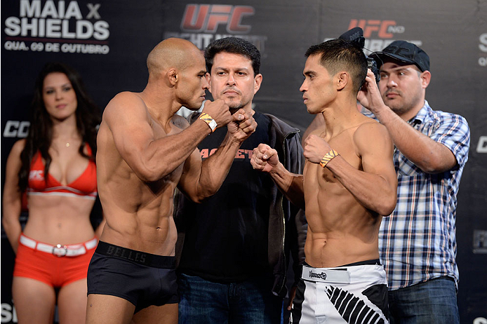 BARUERI, BRAZIL - OCTOBER 8: (L-R) Iliarde Santos and Chris Cariaso face off during the UFC Fight Night: Maia v Shields weigh-in at the Ginasio Jose Correa on October 8, 2013 in Barueri, Sao Paulo, Brazil. (Photo by Jeff Bottari/Zuffa LLC/Zuffa LLC via G
